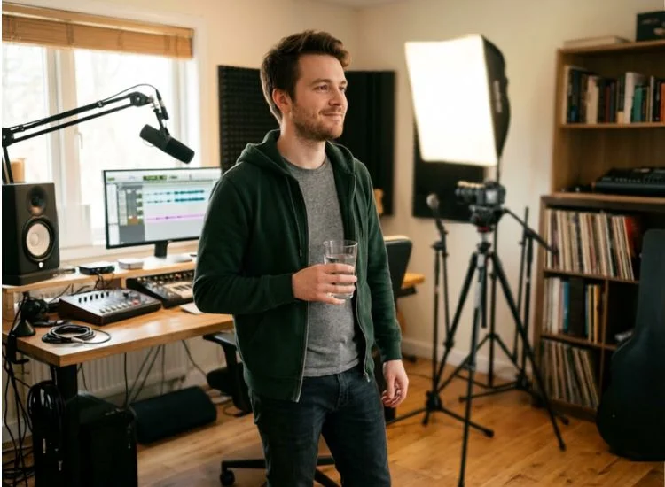 Content creator taking a 90-second micro-break from a long teleprompter recording session