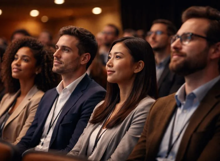 Audience members listening attentively to a keynote speech