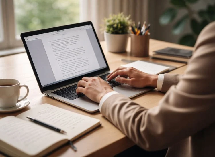 writing and structuring a keynote speech on a laptop with handwritten notes beside