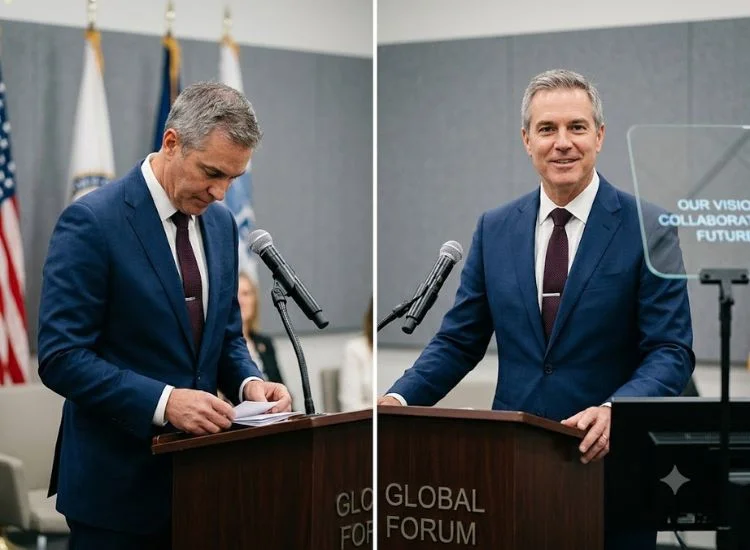 Side-by-side comparison of a speaker using notecards versus a speaker using a teleprompter