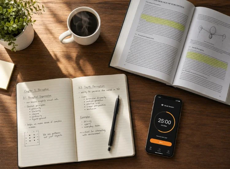 Flat lay of study vlog b-roll props: open notebook with handwritten notes, pen, textbook, and a running timer