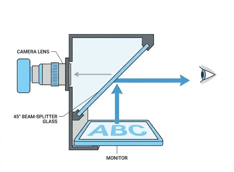 Diagram showing how a teleprompter beam-splitter glass reflects monitor text toward the speaker