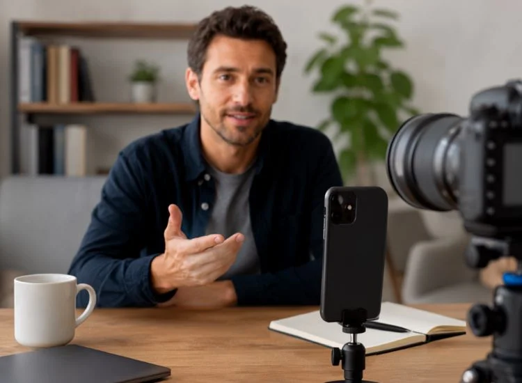 Using phone teleprompter beside a camera lens to reduce memorization