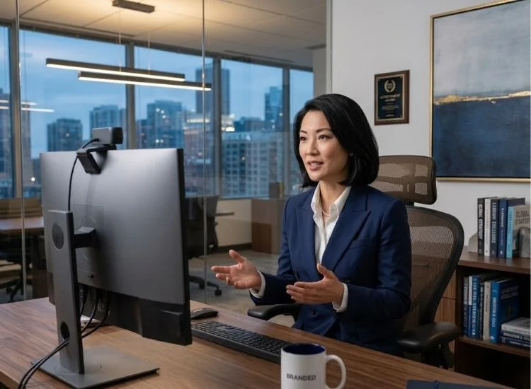 Business executive recording a video to project executive presence on camera