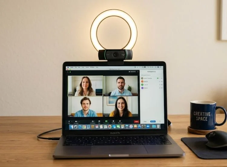Ring light and webcam positioned for a professional webinar video setup