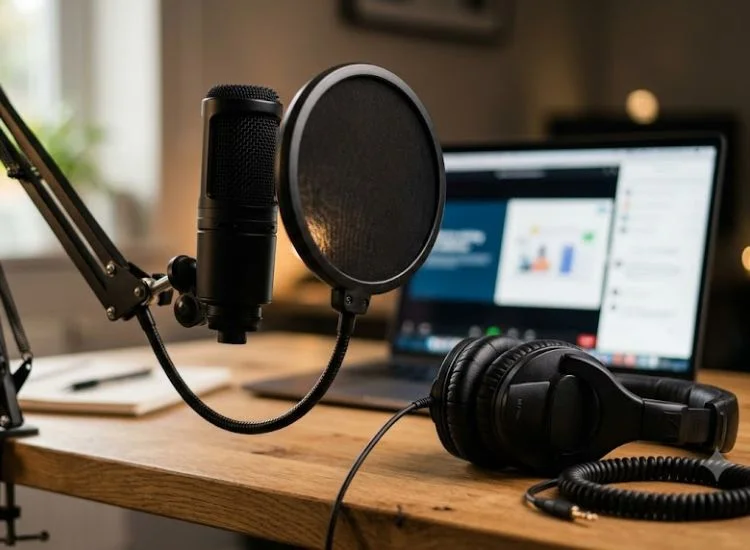 USB condenser microphone and headset used for clear webinar audio