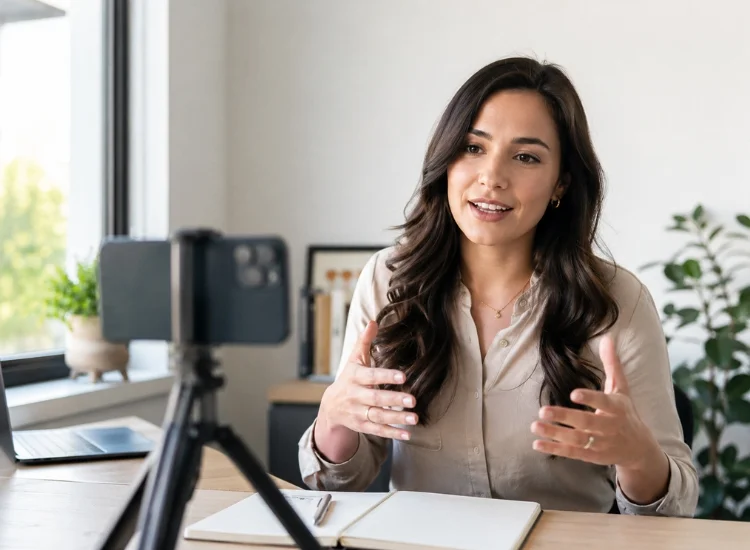 Smartphone on a small tripod recording a person practicing a speech at home