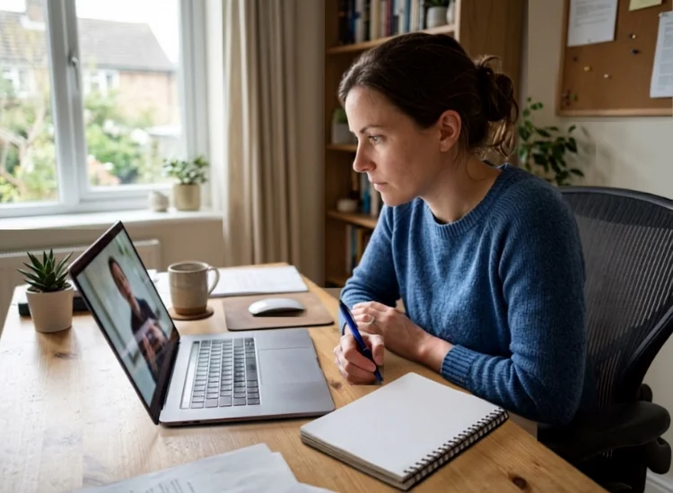 Person watching their own speech recording on a laptop, taking notes