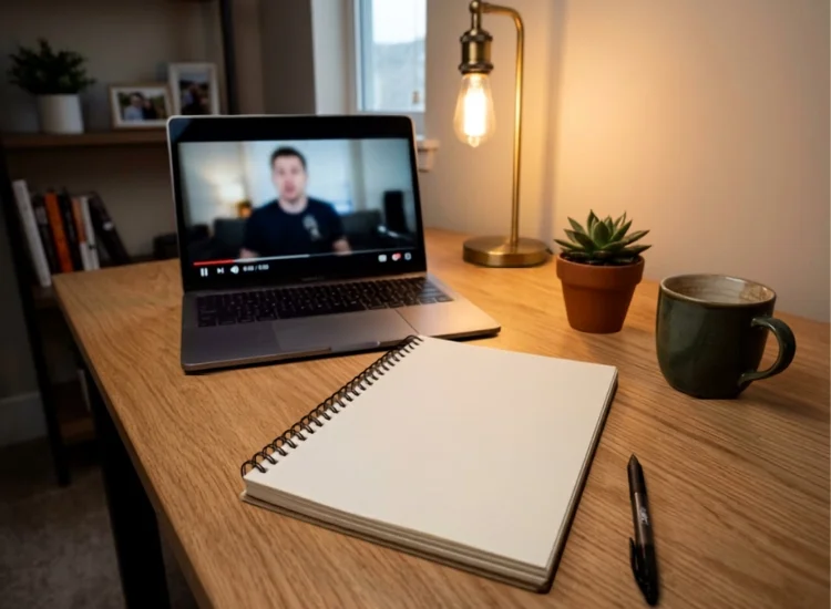 Person reviewing speaking practice notes alongside a laptop showing video playback