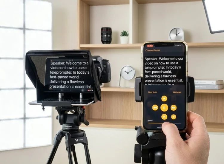 script showing on teleprompter glass, smartphone as remote for teleprompter