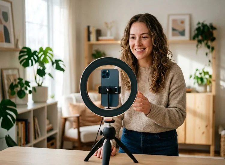 Teleprompter positioned at eye level next to a camera with a ring light for even facial lighting