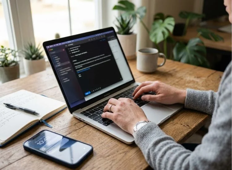 Marketer writing a webinar invitation email on a laptop