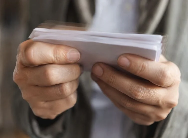 Close-up of trembling hands holding note cards before a presentation