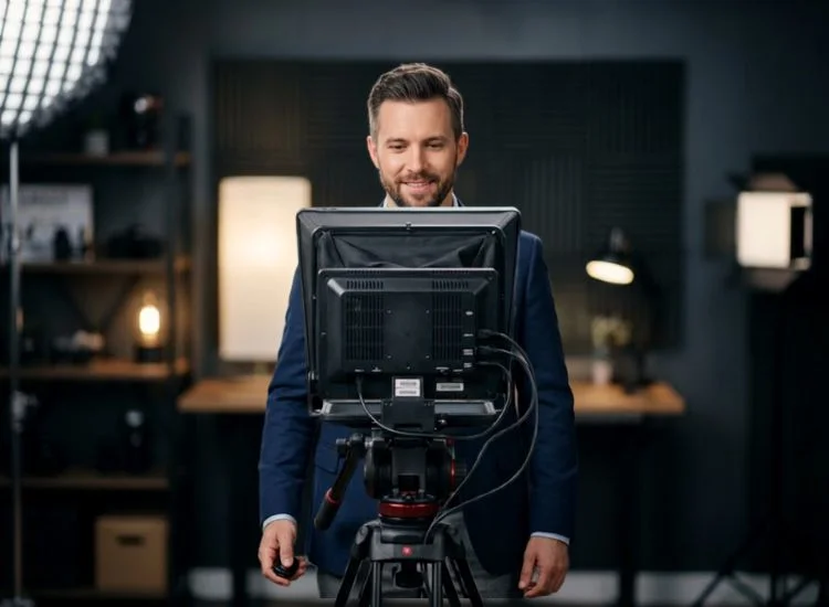 Presenter using a teleprompter and handheld remote while maintaining eye contact with the camera