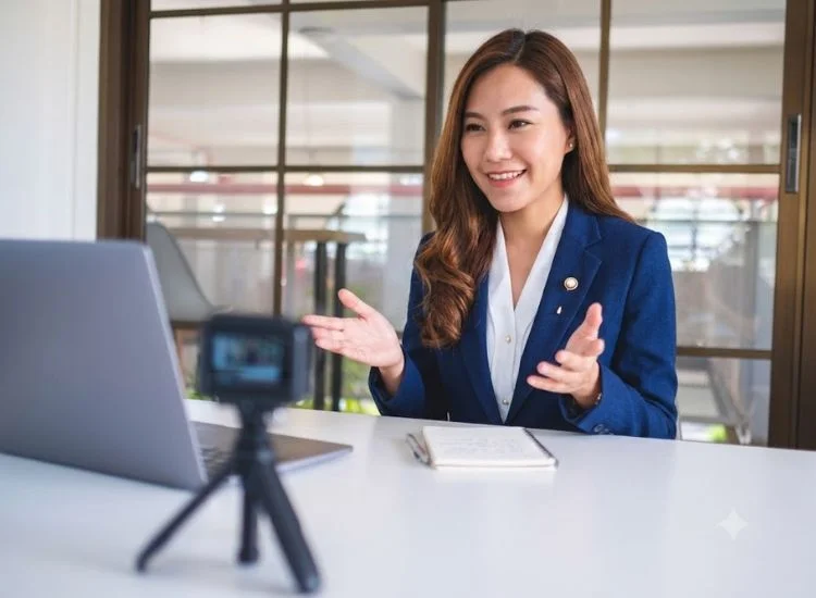 Home office desk setup with an online teleprompter for interview