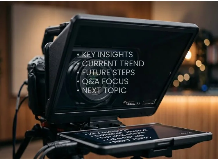 Close-up of a teleprompter screen displaying short key messages