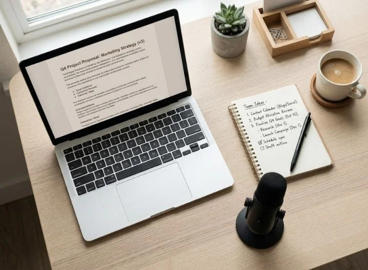 Video creator workspace with laptop, script notes, and camera equipment