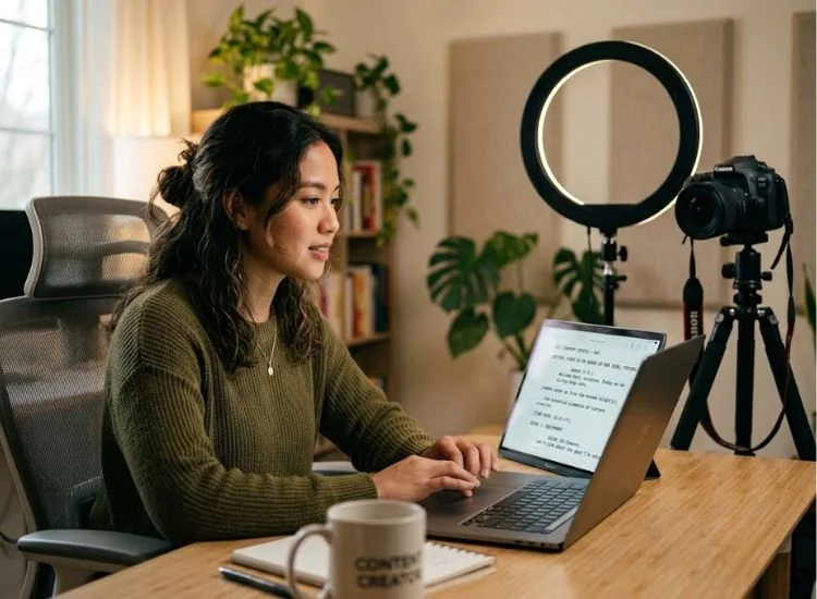 Content creator reviewing an AI-generated script on a laptop