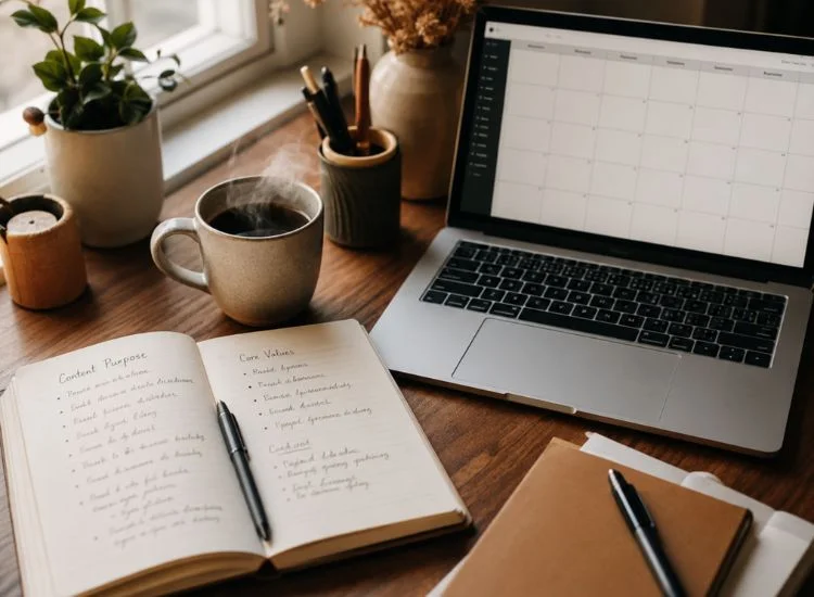 Content creator writing a purpose statement in a notebook before building an audience
