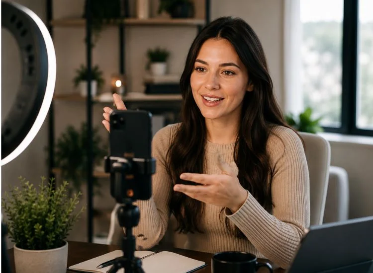 Creator delivering a video hook confidently using a teleprompter app on a phone