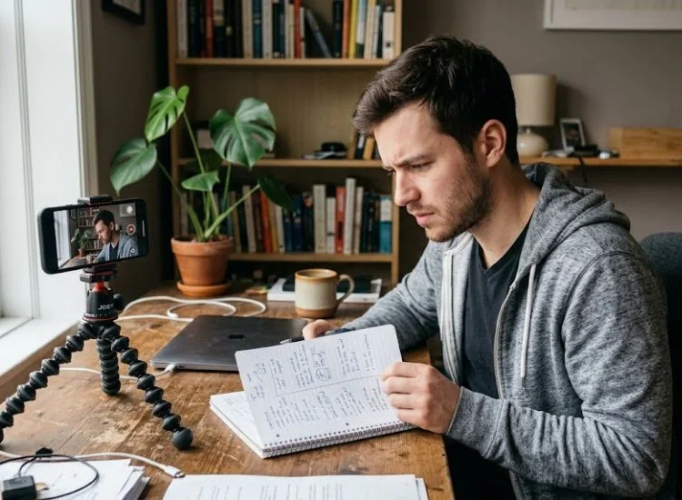 TikTok creator looking away from phone camera at handwritten notes while filming
