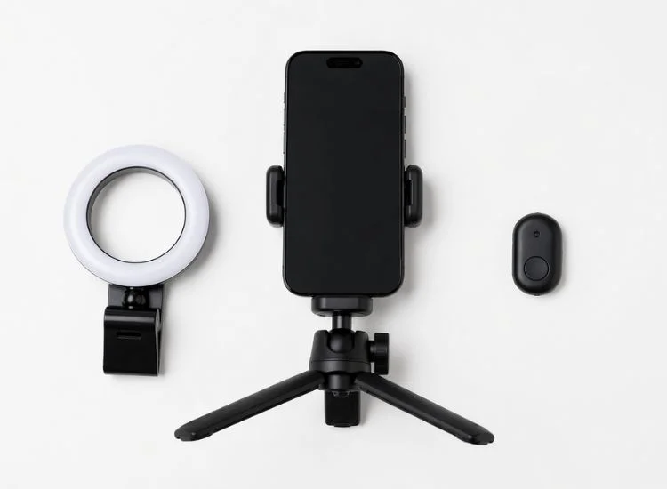 Flat lay of a TikTok teleprompter setup showing a smartphone on a small tripod, mini ring light, and Bluetooth remote clicker