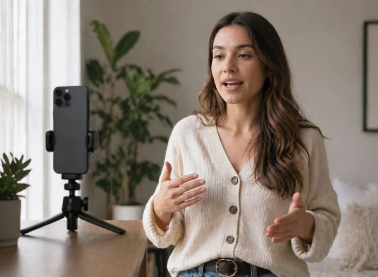 Content creator filming a TikTok video using just a smartphone on a phone stand at home