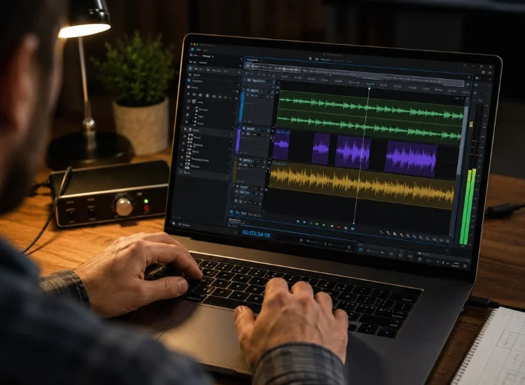 Person editing a podcast audio track on a multi-track timeline