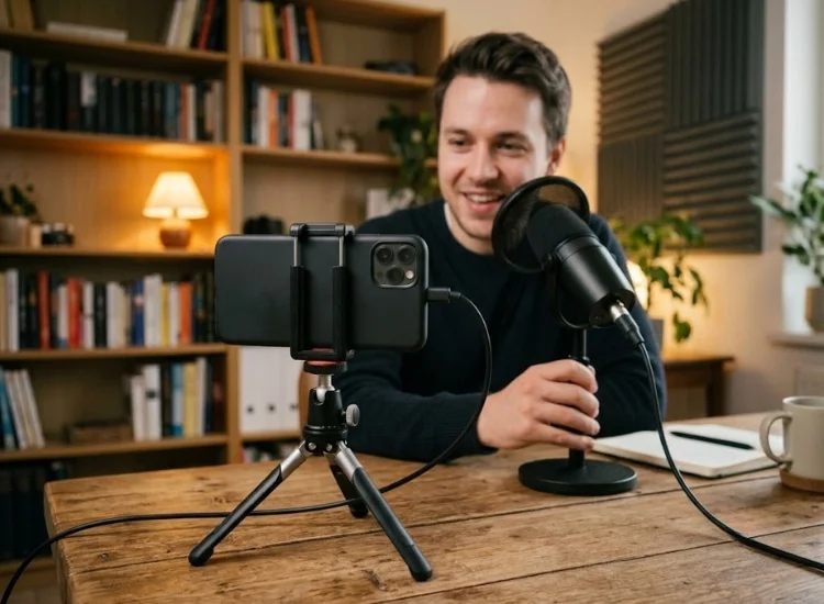 Podcaster reading a scripted intro from a teleprompter app on a phone stand