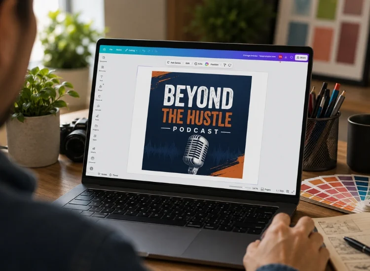 Designer creating square podcast cover art on a laptop using a free template