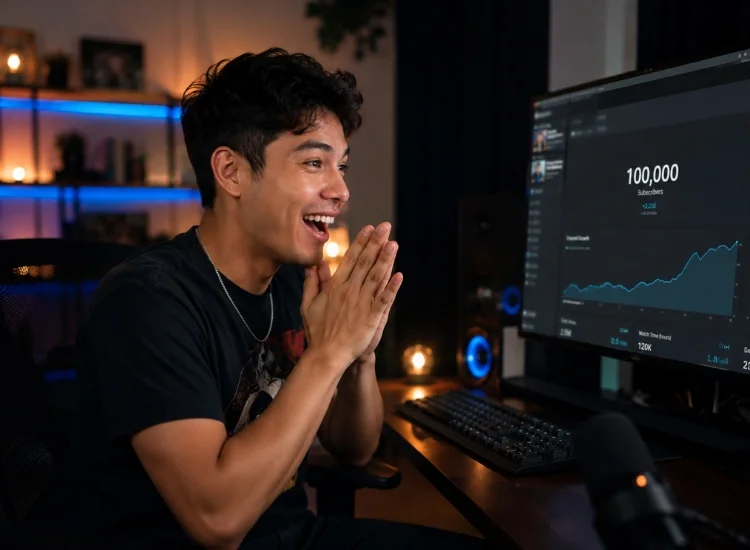 Vlogger reacting to his subscriber count crossing a milestone on screen