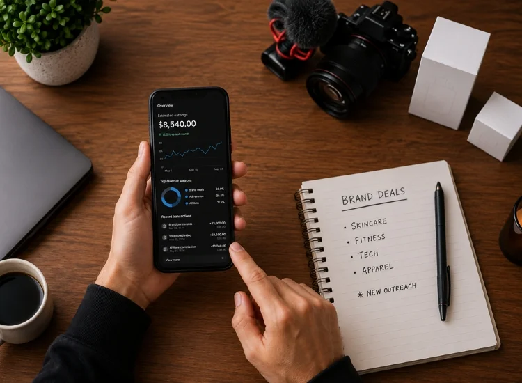 Vlogger reviewing monetization earnings and sponsor products