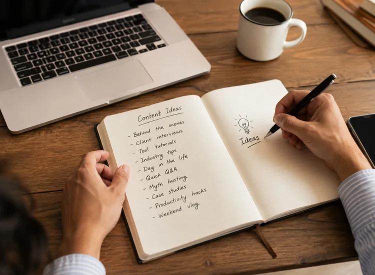 Person brainstorming and writing down informative speech topic ideas in a notebook