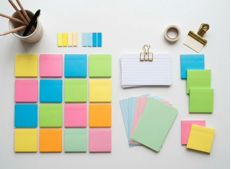 Color-coded sticky notes organizing informative speech topics into categories