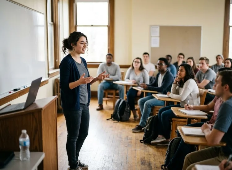 College student giving an informative speech presentation in a classroom