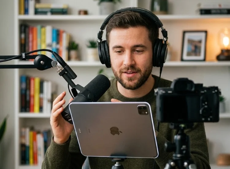 Podcaster using teleprompter app for podcast recording