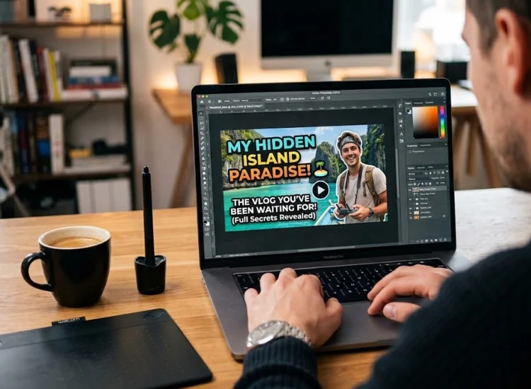 Creator designing a high-contrast YouTube thumbnail on a laptop