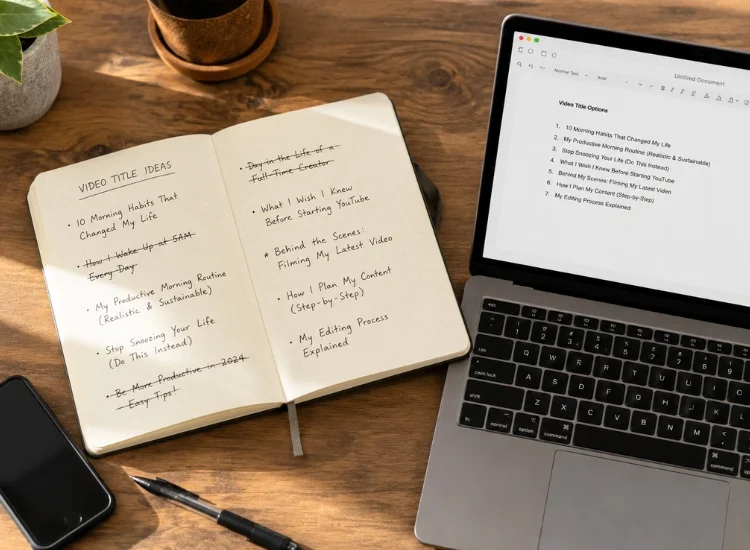 Creator brainstorming YouTube video title ideas in a notebook