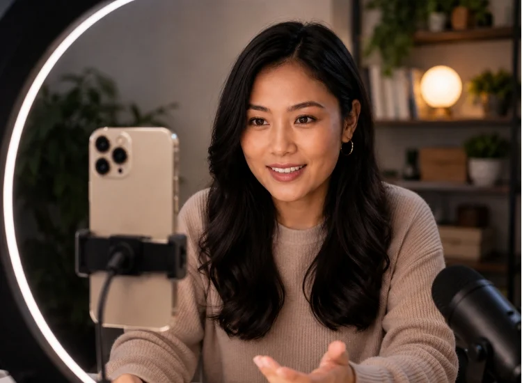 Creator using a teleprompter app to record an Instagram Reel with natural delivery