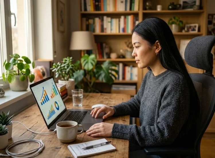 Content creator reviewing YouTube Shorts monetization and ad revenue analytics on a laptop
