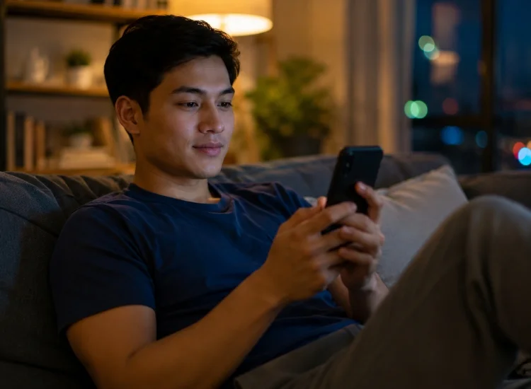 Young adult scrolling short-form vertical video on a smartphone