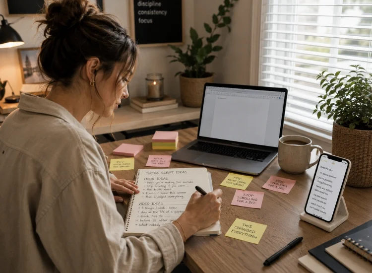 Content creator brainstorming and writing a TikTok script bank in a notebook
