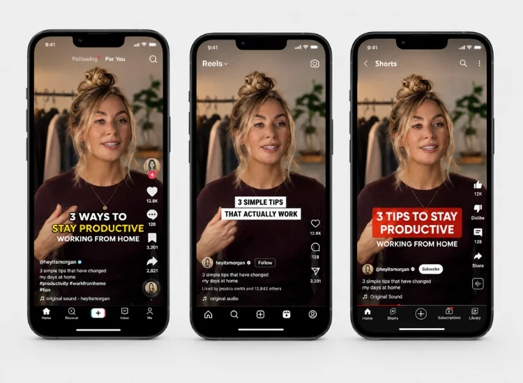Same video clip repurposed for TikTok, Instagram Reels, and YouTube Shorts
