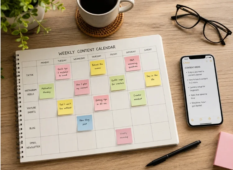 Content calendar planning scheduled TikTok posts from a batch filming session