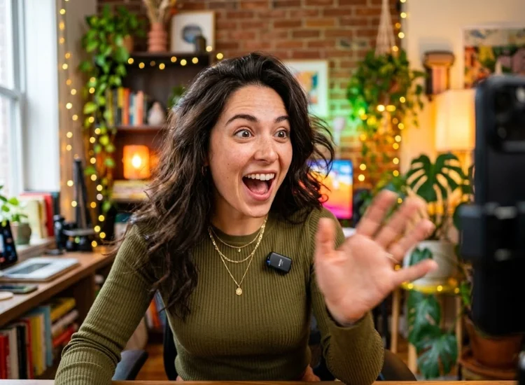 Creator mid-action making an animated, surprised expression while recording a short video