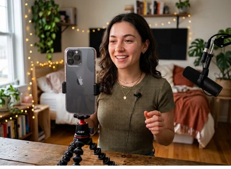 Creator reading a script from a phone teleprompter app while recording a video