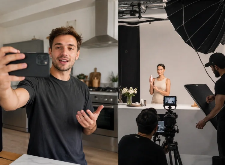 Comparison of casual UGC-style content versus a polished branded ad shoot