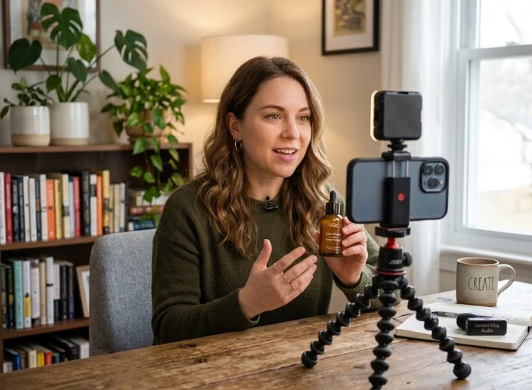 UGC creator reading a script from a teleprompter app while recording video