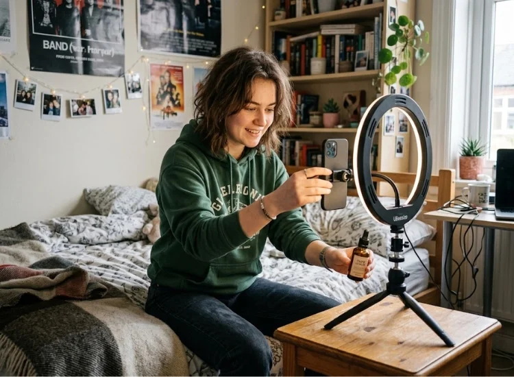 Aspiring UGC creator filming sample videos to build a content portfolio
