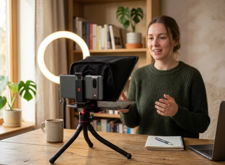 Creator recording a YouTube Shorts video using a smartphone teleprompter setup for a strong opening line